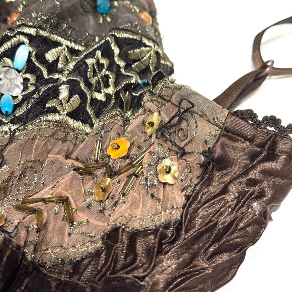 Vtg Y2K Papaya Patchwork Babydoll Dress Brown Beaded Lace Festival Eclectic Boho - Picture 12 of 16